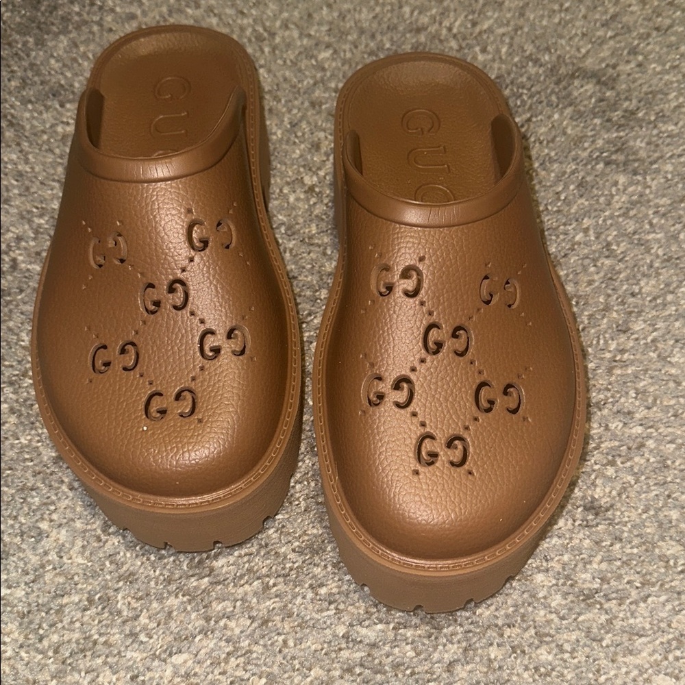 Gucci Brown Embossed Slide Sandals
